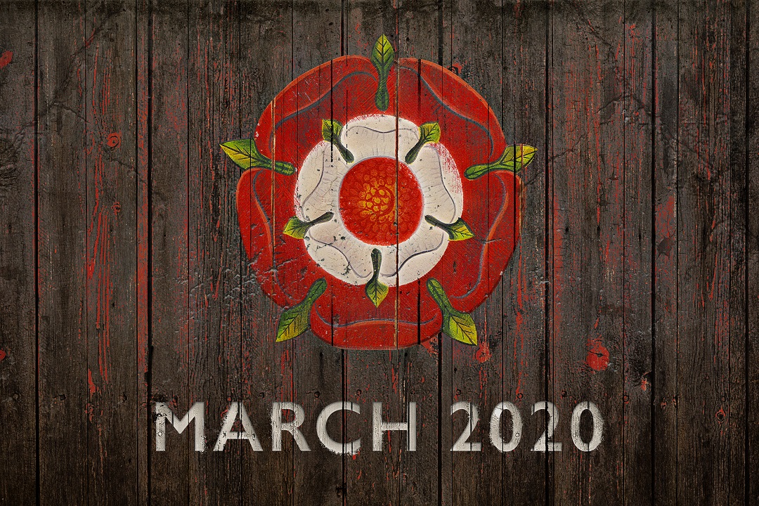 Imagem de divulgação do lançamento do romance The Mirror and the Light. Traz uma rosa Tudor no centro e o escrito "March 2020" sob a mesma.