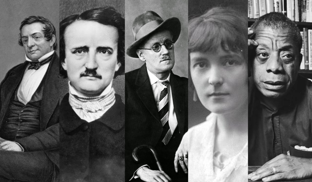 A imagem contém o retrato de cinco autores de contos: Washington Irving, Edgar Allan Poe, James Joyce, Katherine Mansfield e James Baldwin, todas em preto e branco.