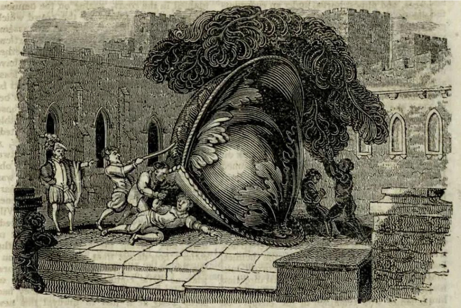 Ilustração de Conrado sendo esmagado pelo elmo.