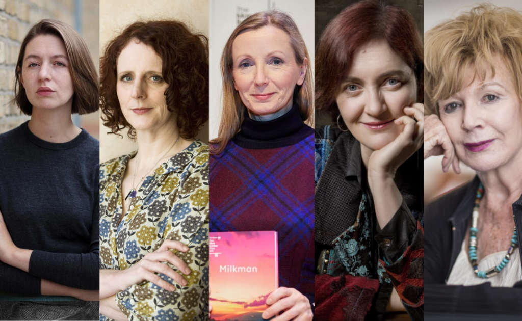 A imagem é uma colagem das cinco autoras irlandesas contemporâneas, em ordem: Sally Rooney, Maggie O'Farrell, Anna Burns, Emma Donoghue e Edna O'Brien.