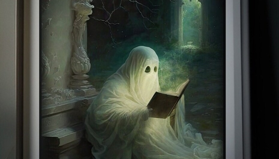 Um fantasma lendo um livro às escuras.