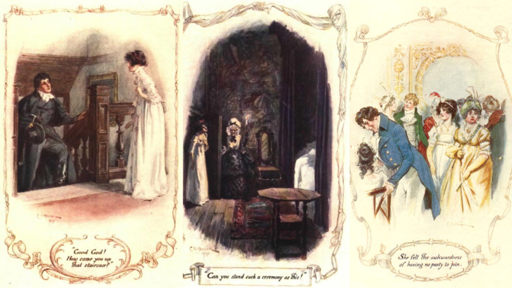Colagem de ilustrações de CE Brock na edição de 1908 de Northanger Abbey