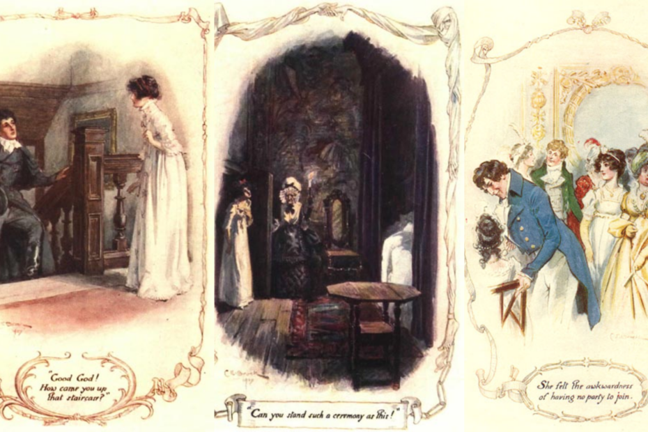 Colagem de ilustrações de CE Brock na edição de 1908 de Northanger Abbey