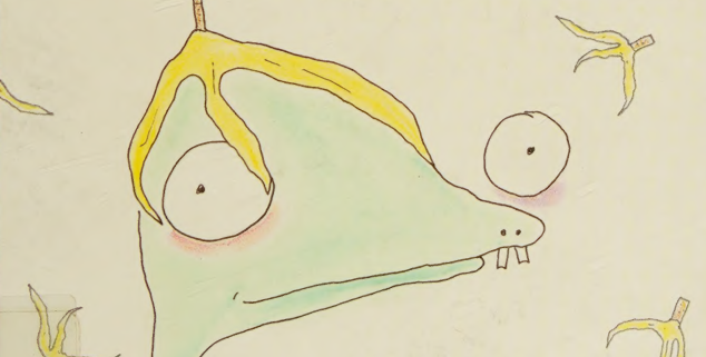 A imagem apresenta parte da capa do livro, com uma ilustração do personagem verde utilizando seu disfarce de casca de banana